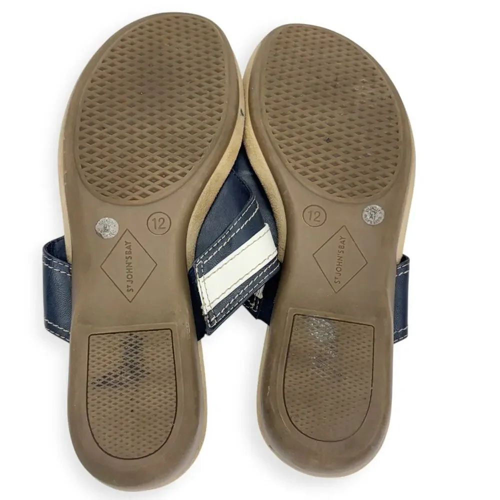 St. John Bay Zandora Blue‎ Nautical Faux Leather Wedge Tong Sandals 12M Comfort